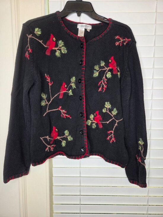 Coldwater Creek Sweaters - Coldwater Creek Christmas Cardigan Sweater L Red Cardinal Embroidered Holiday